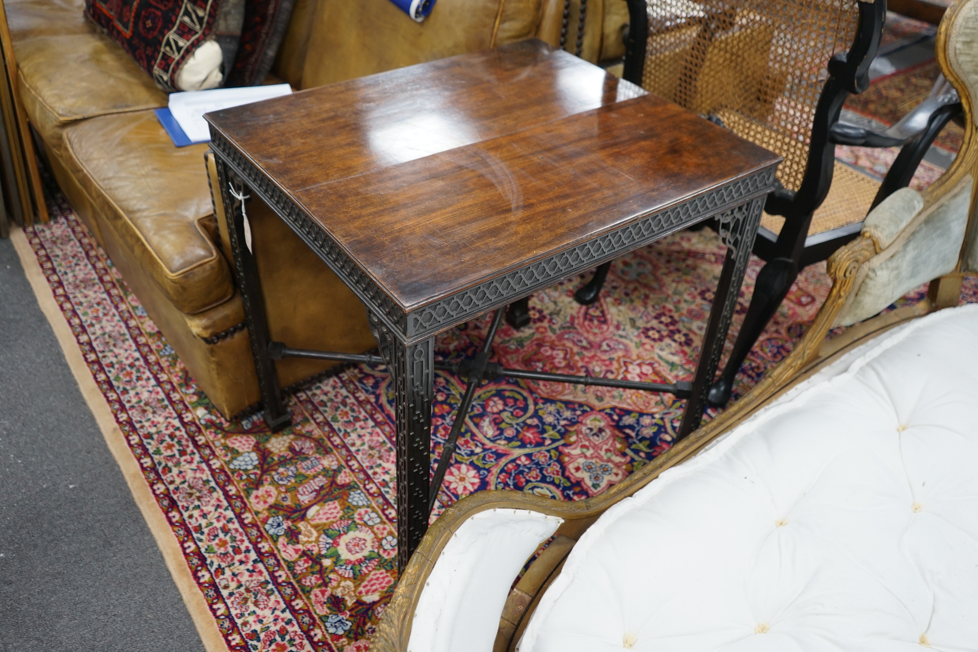 A George III and later rectangular mahogany silver table, width 70cm, depth 62cm, height 73cm